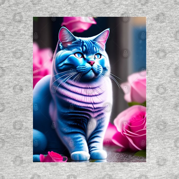 British Shorthair Poses with Pink Roses by Enchanted Reverie